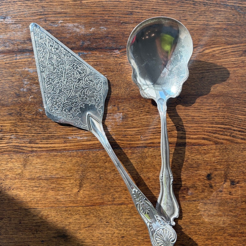 Vintage Silver Plated Ornate Etched Cake Server and Scalloped Serving Spoon Set